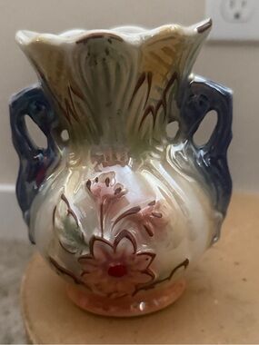 Iridescent Floral Ceramic Vase in Cream, Pink & Blue